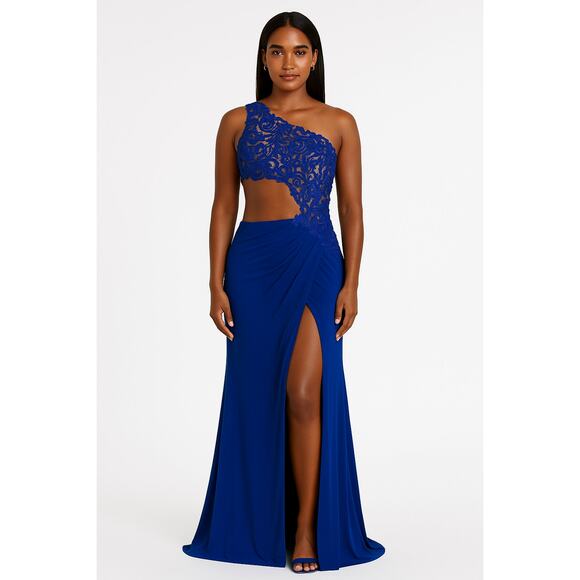 Sherri Hill Royal Blue Jersey One Shoulder Gown Maxi Dress Size 4 J1 - Picture 1 of 5